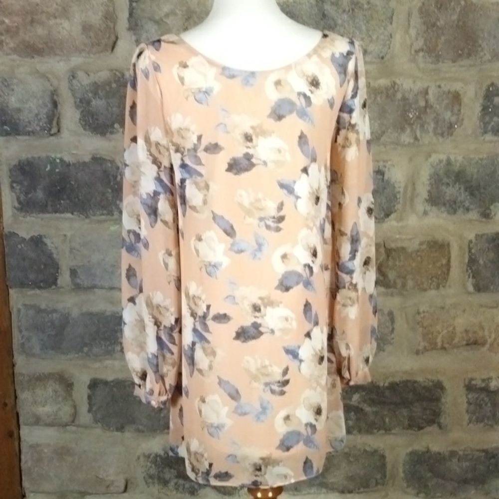 Lulus Peach Floral Boat Neck Long Sleeve Shift Mini Dress N50915C Women's Medium